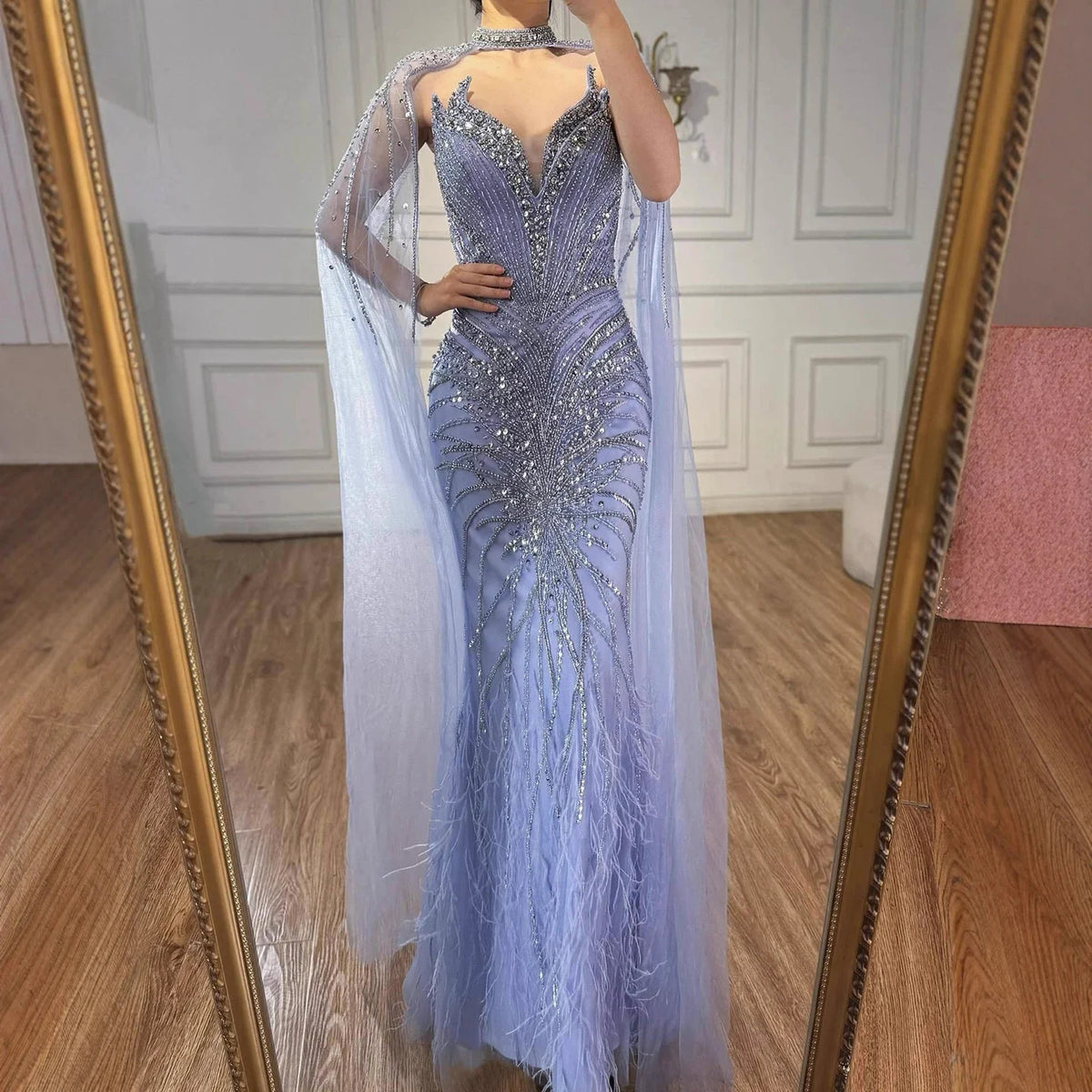 White Nude Mermaid Evening Dresses with Cape Beaded Feathers Party Gowns for Formal Occasion Customized | Nightbubo