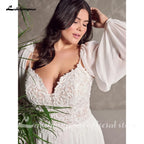 Lakshmigown Spaghetti Strap Beads Lace Wedding Gown Plus Size Chiffon Boho Wedding Dresses with Detachable Sleeve Customized