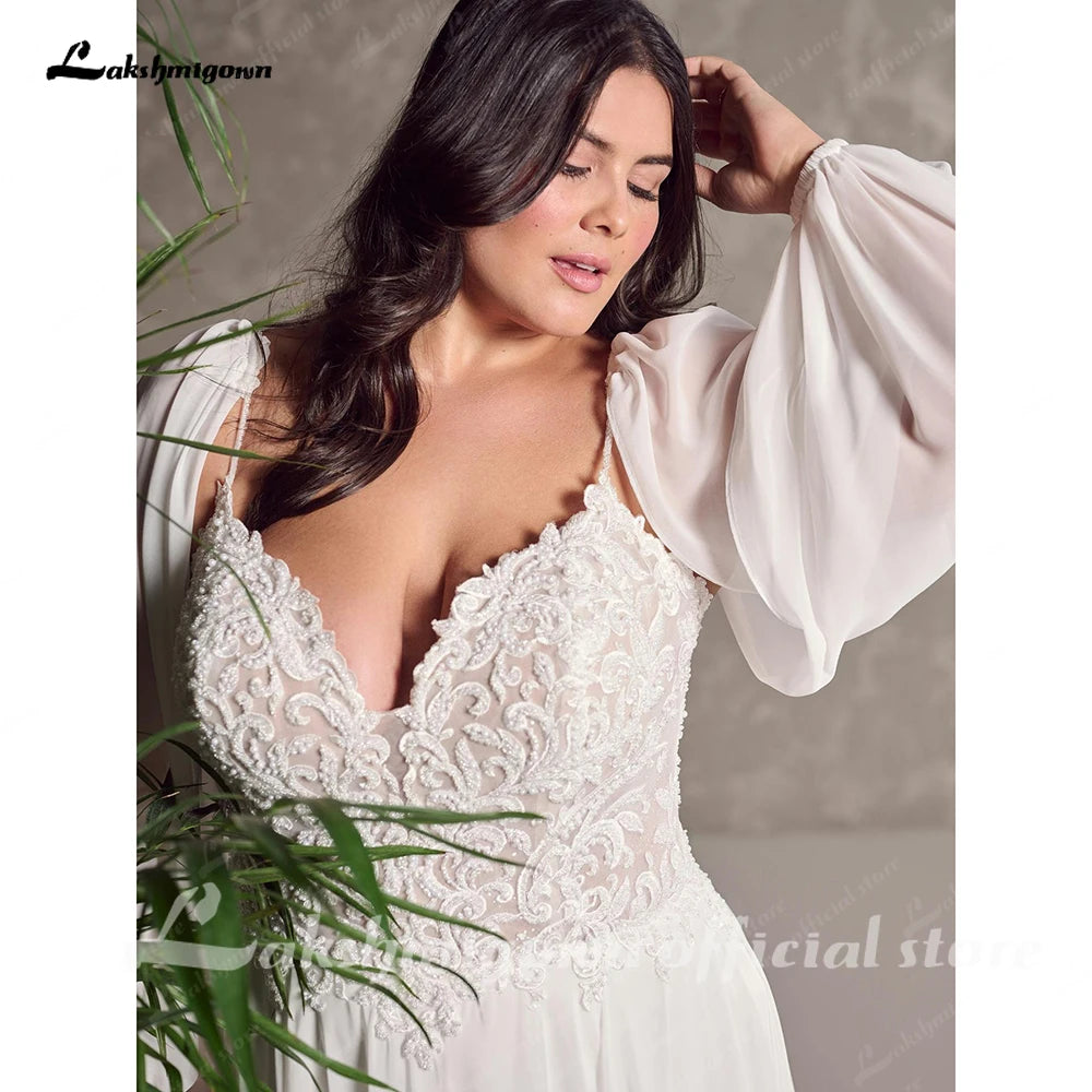 Lakshmigown Spaghetti Strap Beads Lace Wedding Gown Plus Size Chiffon Boho Wedding Dresses with Detachable Sleeve Customized
