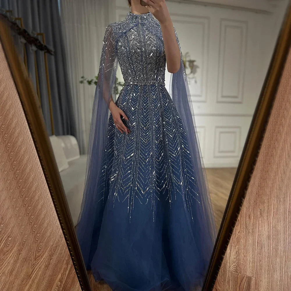 Customized Blue Beaded A-Line Cape Sleeves Formal Evening Dresses Elegant Party Gowns for Women | Nightbubo
