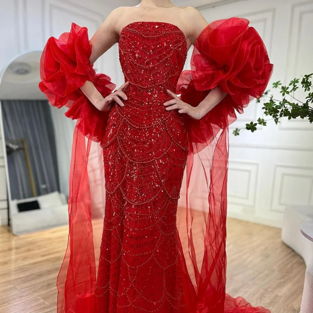 Serene Hill Red Strapless Mermaid Pearls Beaded Evening Dress with Cape Wedding Party Gowns for Women  DLA72585 Customized