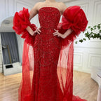 Serene Hill Red Strapless Mermaid Pearls Beaded Evening Dress with Cape Wedding Party Gowns for Women  DLA72585 Customized