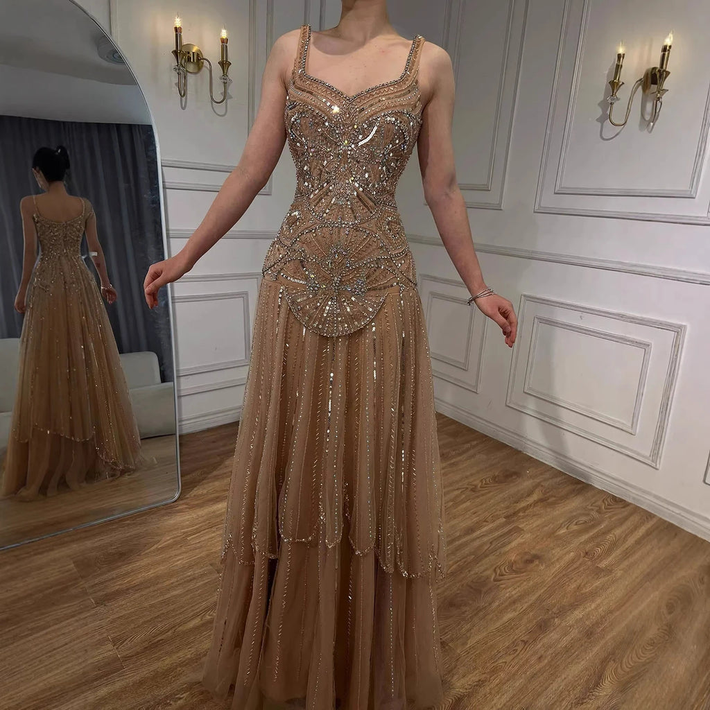 Serene Hill Customized 2026 Nude A-line Beaded Evening Dresses Luxury Party Gowns for Women DLA73189