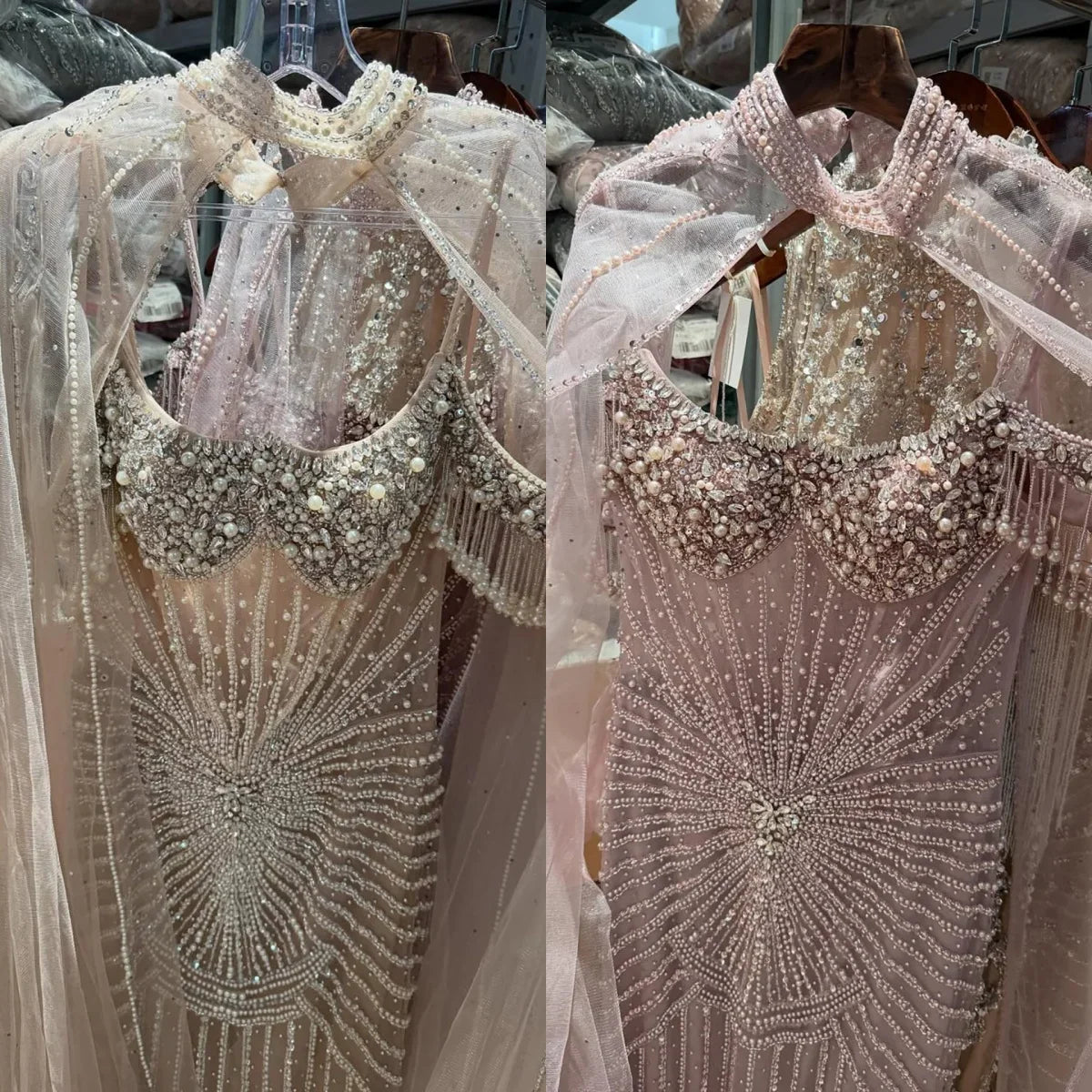 Serene Hill 2026 Pearl Beaded Mermaid Caramel Evening Dresses Elegant Formal Party Gown with Sheer Cape Customized DLA73148C