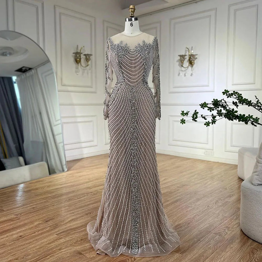 Serene Hill Customized Sliver Nude Long Sleeves Pearls Beaded Luxury Evening Dresses Formal Party Gowns for Women DLA72478