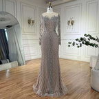 Serene Hill Customized Sliver Nude Long Sleeves Pearls Beaded Luxury Evening Dresses Formal Party Gowns for Women DLA72478