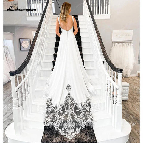 NumberSea Weiche Satin Hochzeit Kleid Für Frauen Robe De Mariage 2025 Scoop Neck Elegante Braut Boho Strand Kleider 
