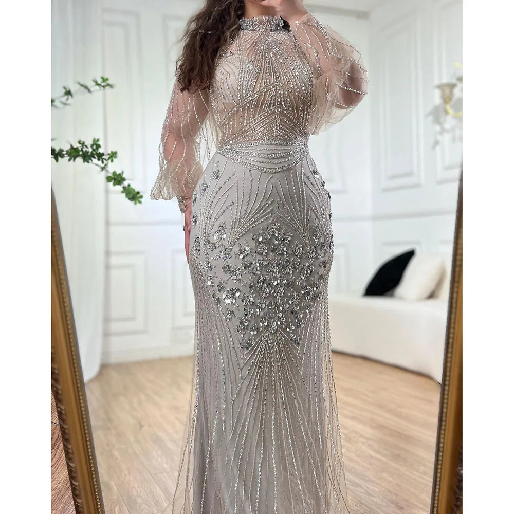 Serene Hill Customized Silver Beaded Mermaid Evening Dresses 2025 Full Sleeves Elegant Party Gowns For Women DLA71036