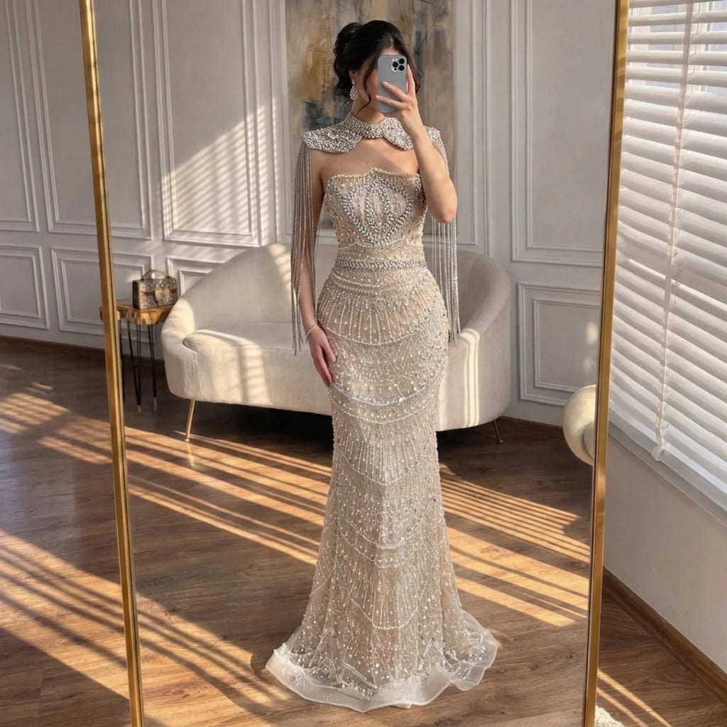 Serene Hill Luxury Beaded Mermaid Evening Dress Elegant Crystal Tassel Cape Celebrity Party Gown Vestidos Customized DLA73450A