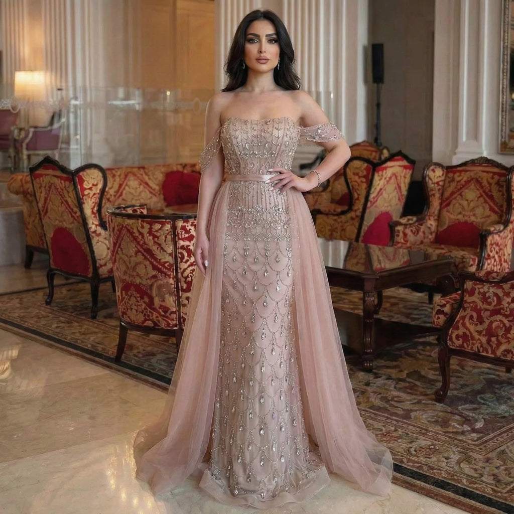 Serene Hill Customized 2026 Red Off Shoulder Mermaid Beaded Overskirt Evening Dress Wedding Party Gowns for Women DLA71922