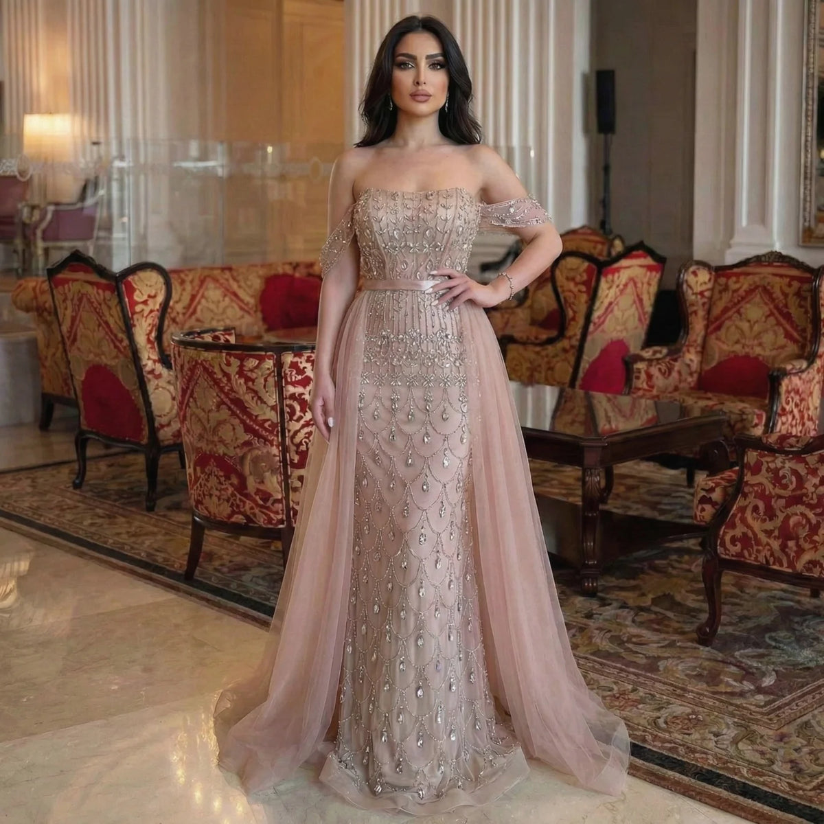 Serene Hill Customized 2026 Red Off Shoulder Mermaid Beaded Overskirt Evening Dress Wedding Party Gowns for Women DLA71922