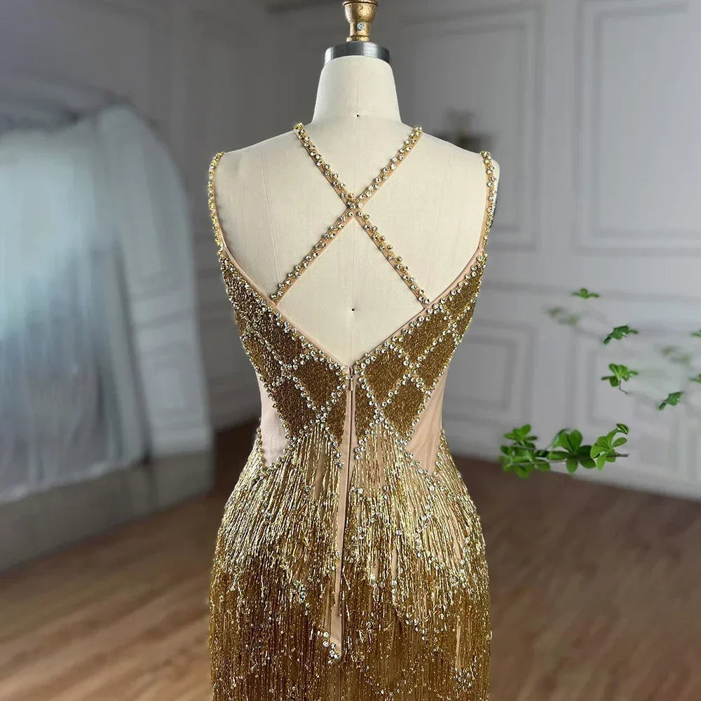 Serene Hill Silver Mermaid Gold Evening Gowns Luxury Beaded Tassel Spaghetti Strap Party Dresses For Women DLA72280 Customized