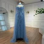 Abito da sera di lusso con paillettes blu, perline e maniche a mantello LA73108