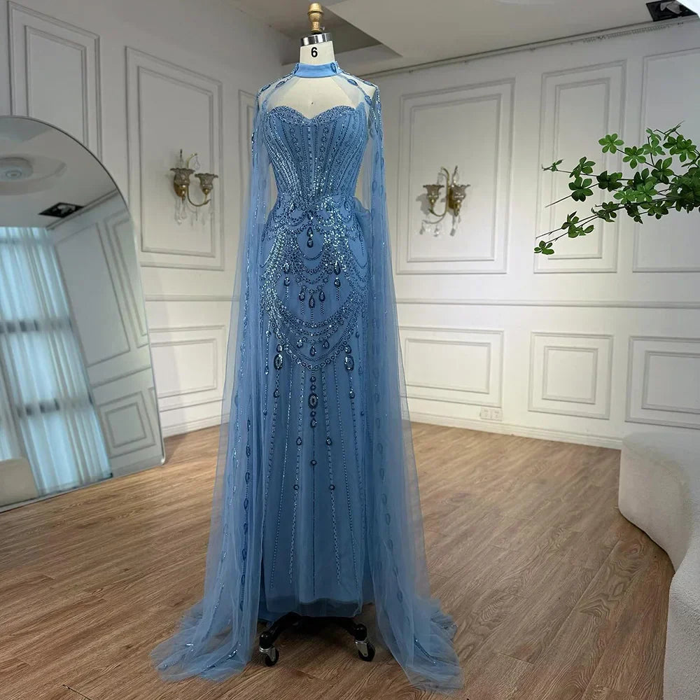 Abito da sera di lusso con paillettes blu, perline e maniche a mantello LA73108