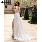 Lakshmigown Summer Boho Wedding Dresses Beach Lace High Slit Bride Dresses V Neck Wedding Gowns Short Sleeves Customized