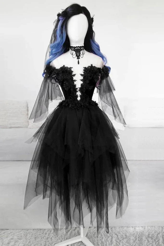 SCHWARZ RUNDER AUSSCHNITT TULLE SPITZE KURZES ABSCHLUSSBALLKLEID SCHWARZES ABENDKLEID S14739