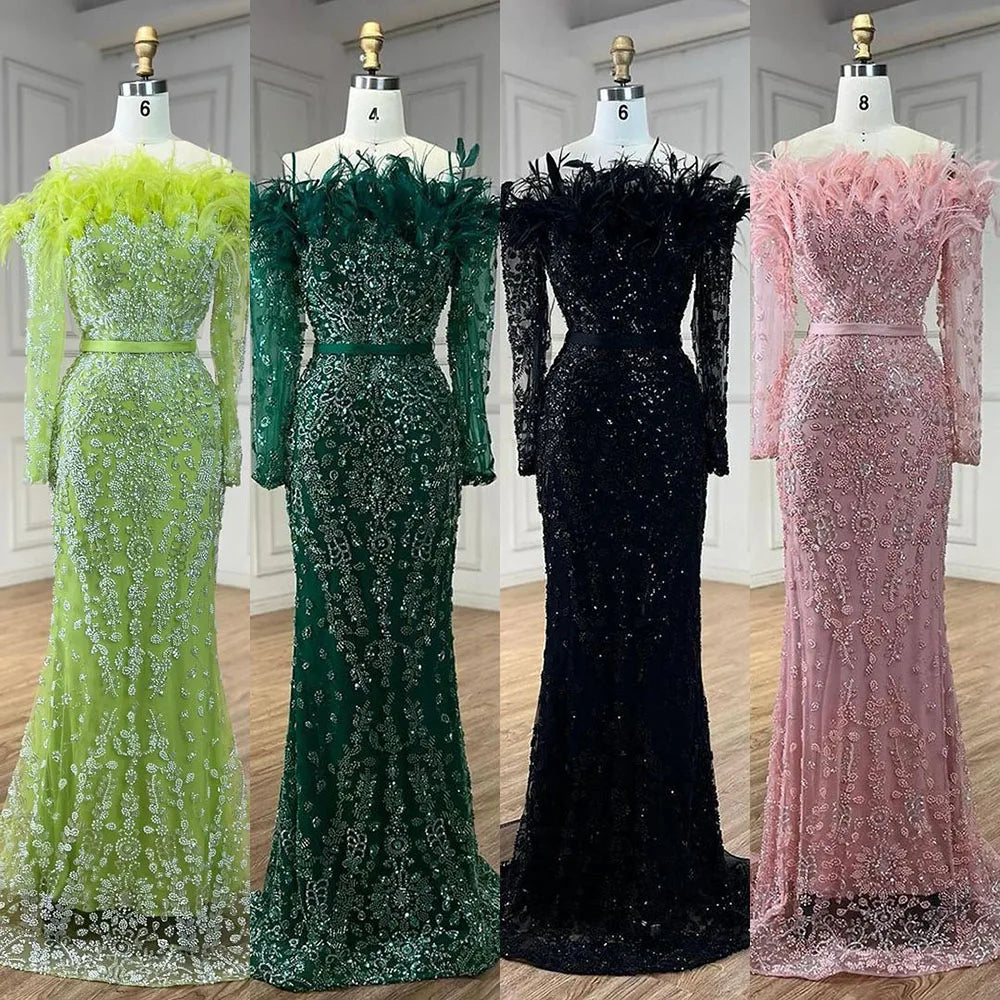 Abito da Sera di Lusso Dubai Verde Maniche Lunghe Piume Perline LA72553