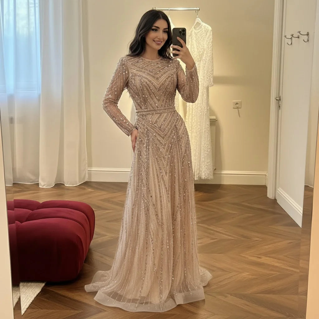 Serene Hill Nude Crew Neck A-line Long Sleeves Evening Dress Beaded Wedding Party Gowns for Women 2026 Customized DLA73208