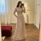Serene Hill Nude Crew Neck A-line Long Sleeves Evening Dress Beaded Wedding Party Gowns for Women 2026 Customized DLA73208