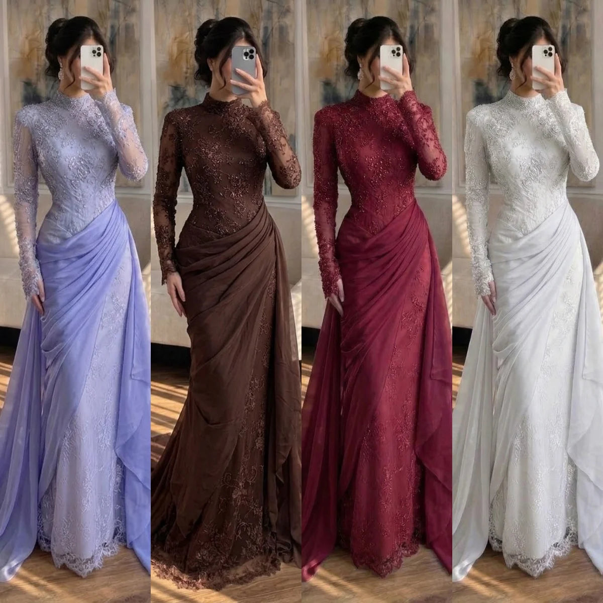 Serene Hill Customized Wine Red Mermaid Evening Dresses with Wrap Skirt High-End Lace Formal Party Gowns for Women DLA73407