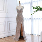 Robe de soirée sirène luxueuse en perles couleur nude avec fente haute LA73340