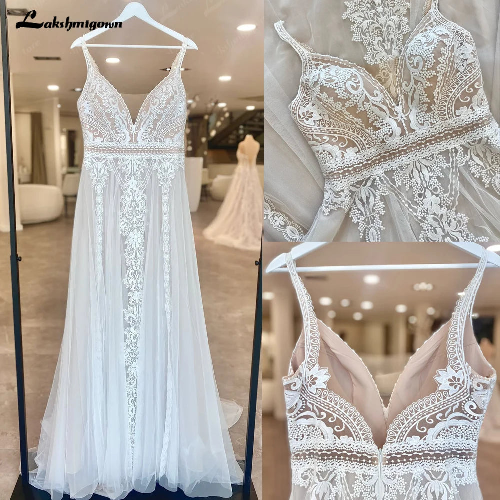 Lakshmigown Lace Boho Wedding Dress Sexy Beach V Neck Open Back Chic Appliques Spaghetti Straps Bridal Gowns Customized
