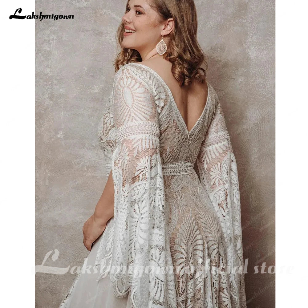 Lakshmigown Bohemian Boho Wedding Dress Lace Chiffon Long Sleeve Open Back V Neck Plus Size Vestidos De Novia Customized