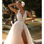 Romantic Deep V Neck Wedding Dress Backless High Slit Floral Lace Tulle Bridal Gown Sweep Train Wedding Gowns Customized