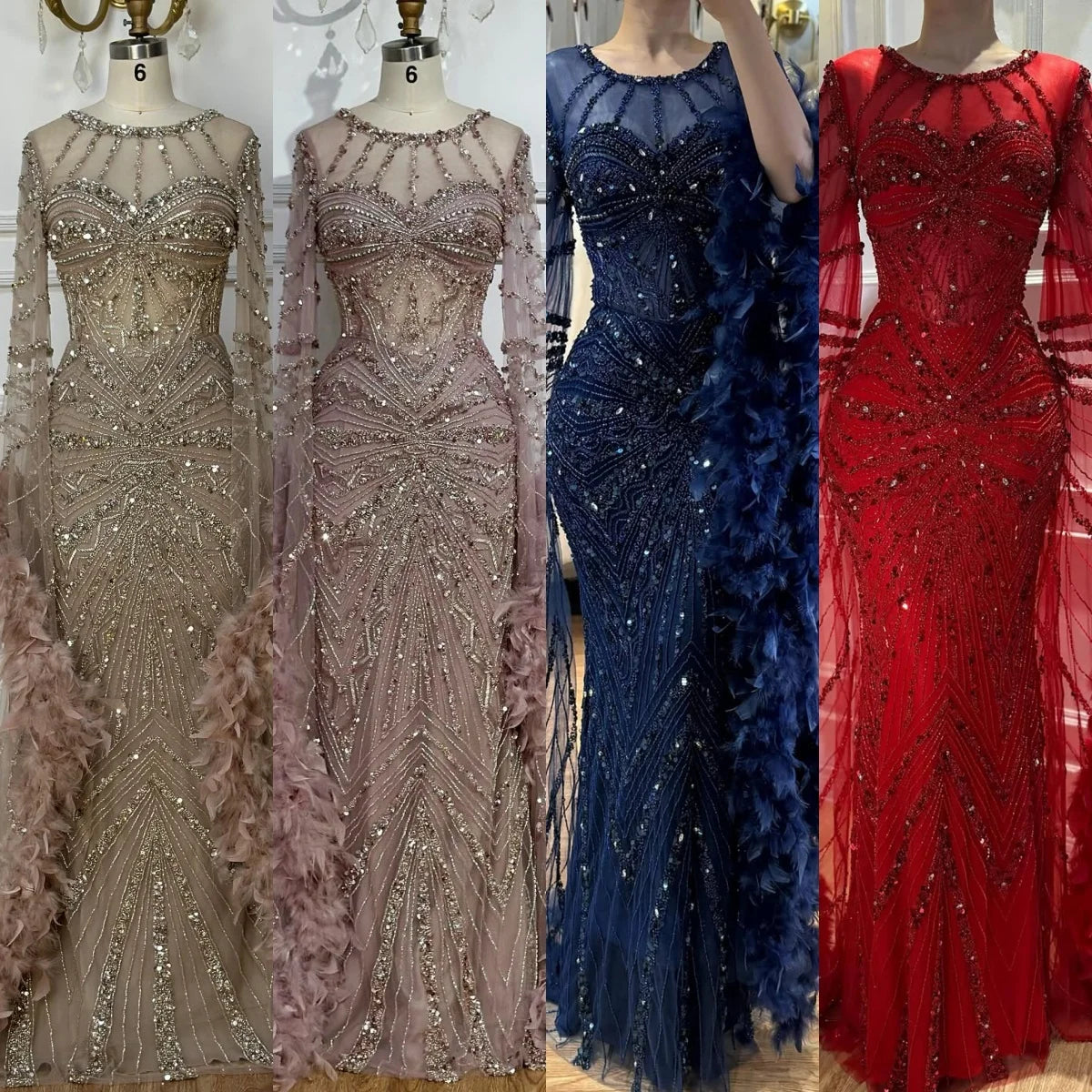Serene Hill Pink Luxury Beaded Mermaid Evening Dress Gowns with Feathers for Formal Occasion Customized DLA72708A