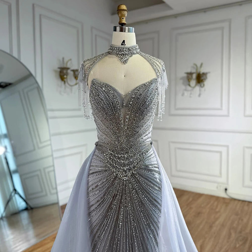 Serene Hill Nude Mermaid Tassel Beaded Evening Dress with Detachable Overskirt Formal Party Gown for Women DLA73182 Customized