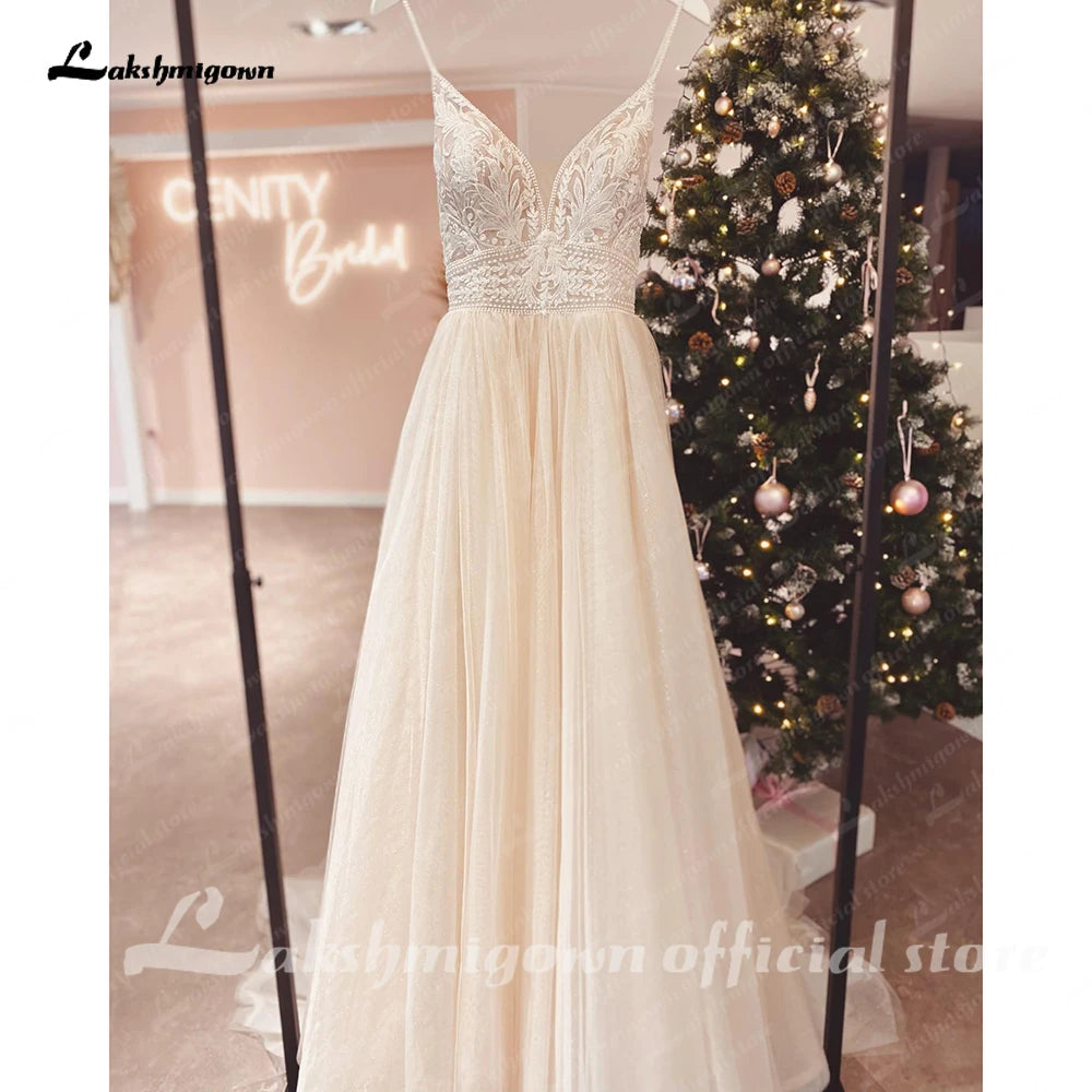 Lakshmigown Spaghetti Straps Champagne Boho Wedding Dress For Women Vestido Civil Bridal Customized Wedding Gowns Suknie Slubne