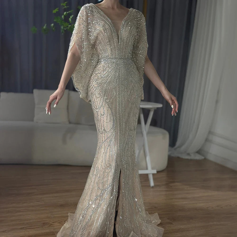 Serene Hill Nude V-neck Mermaid Beaded Evening Dresses 2025 Wedding Party Gowns For Women DLA72288A Customized