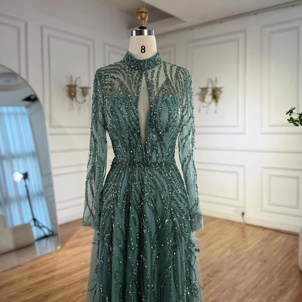 Serene Hill Customized Elegant Turquoise A Line Evening Dress with High Neck Beaded Design for Women Formal Party Gown DLA71682A