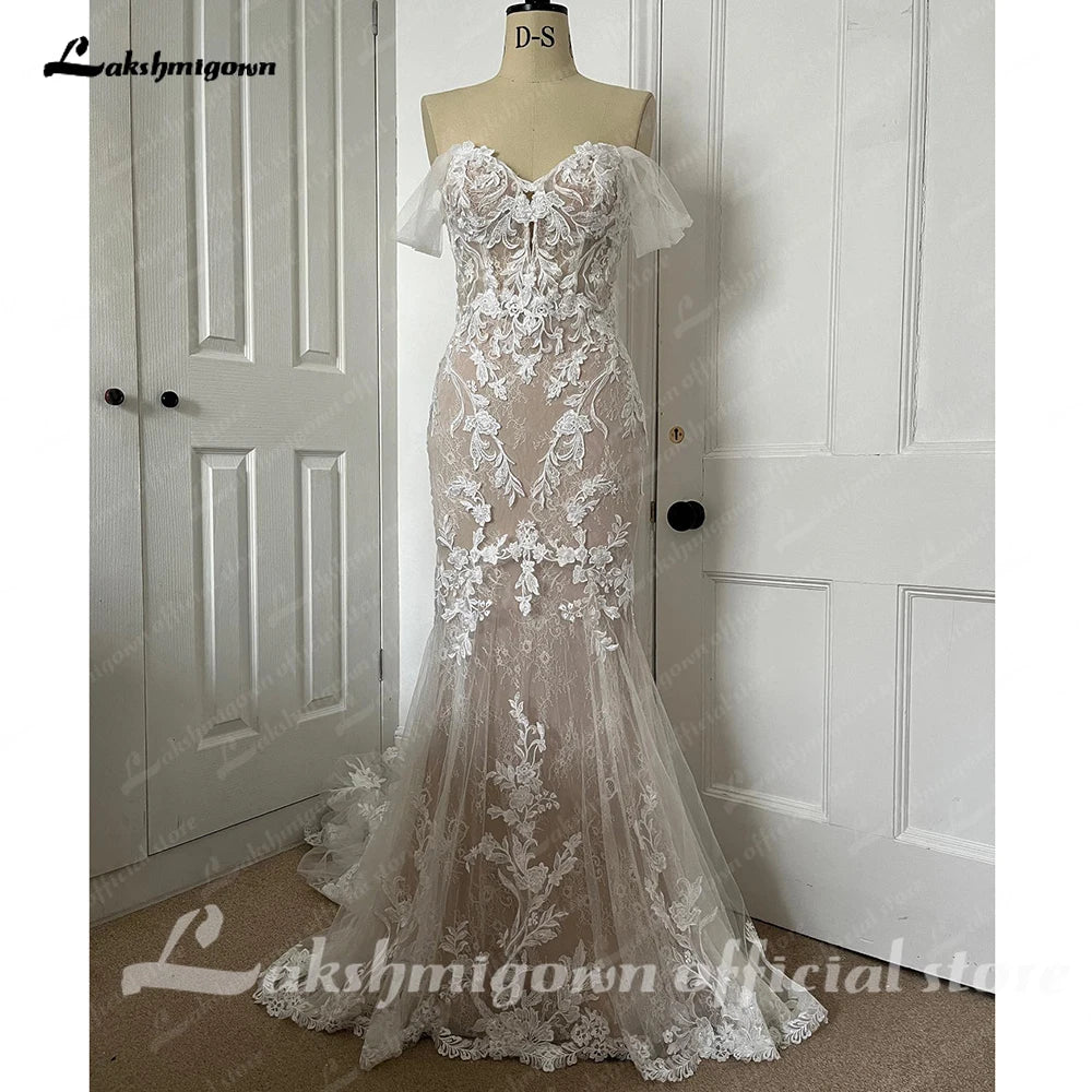 Lakshmigown Off Shoulder Lace Appliques Women Wedding Dress for Bride Customized Champagne Wedding Gown vestidos de boda novia
