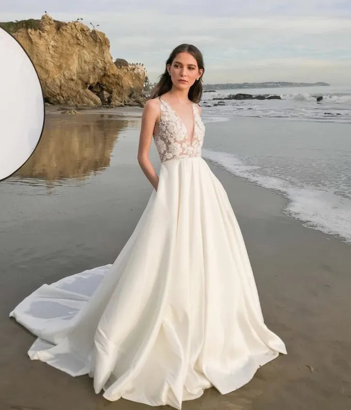 Lakshmigown Sleeveless Lace A‑Line Wedding Dress Deep V‑Back Satin Bridal Gown With Pockets Customized