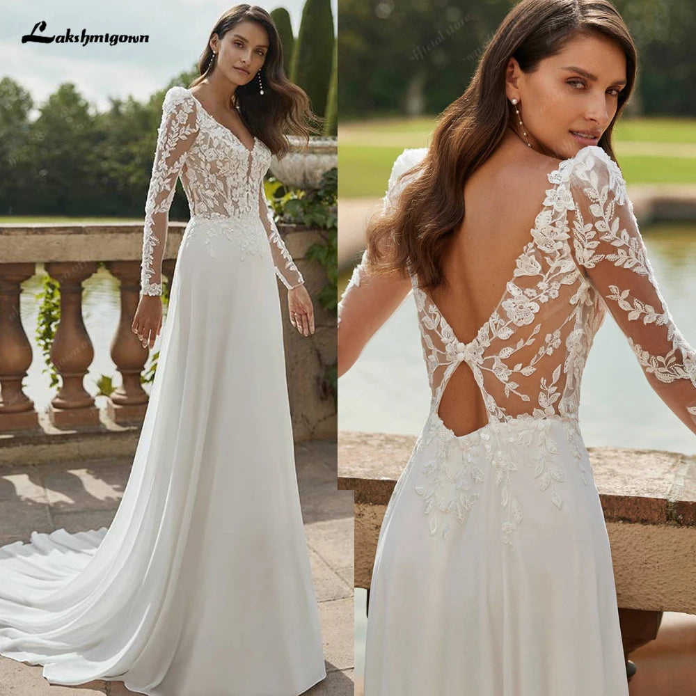 Lakshmigown Long Sleeve Wedding Dress 2026 Boho Beach Illusion Backless A Line Chiffon Bridal Gown Lace Robe De Mariée Customize