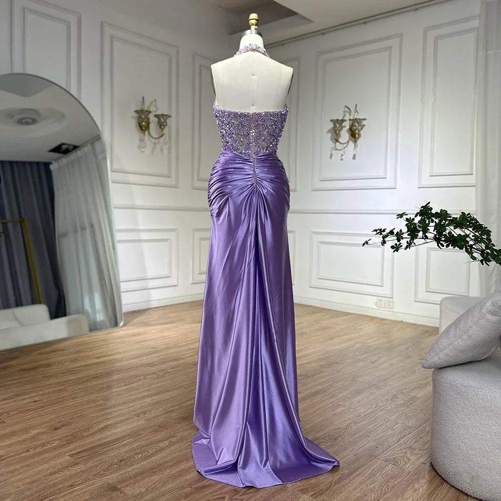 Serene Hill Customized 2025 Lilac Halter Side Slit Mermaid Evening Gown Wedding Party Bridesmaid Dress for Women DLA72668