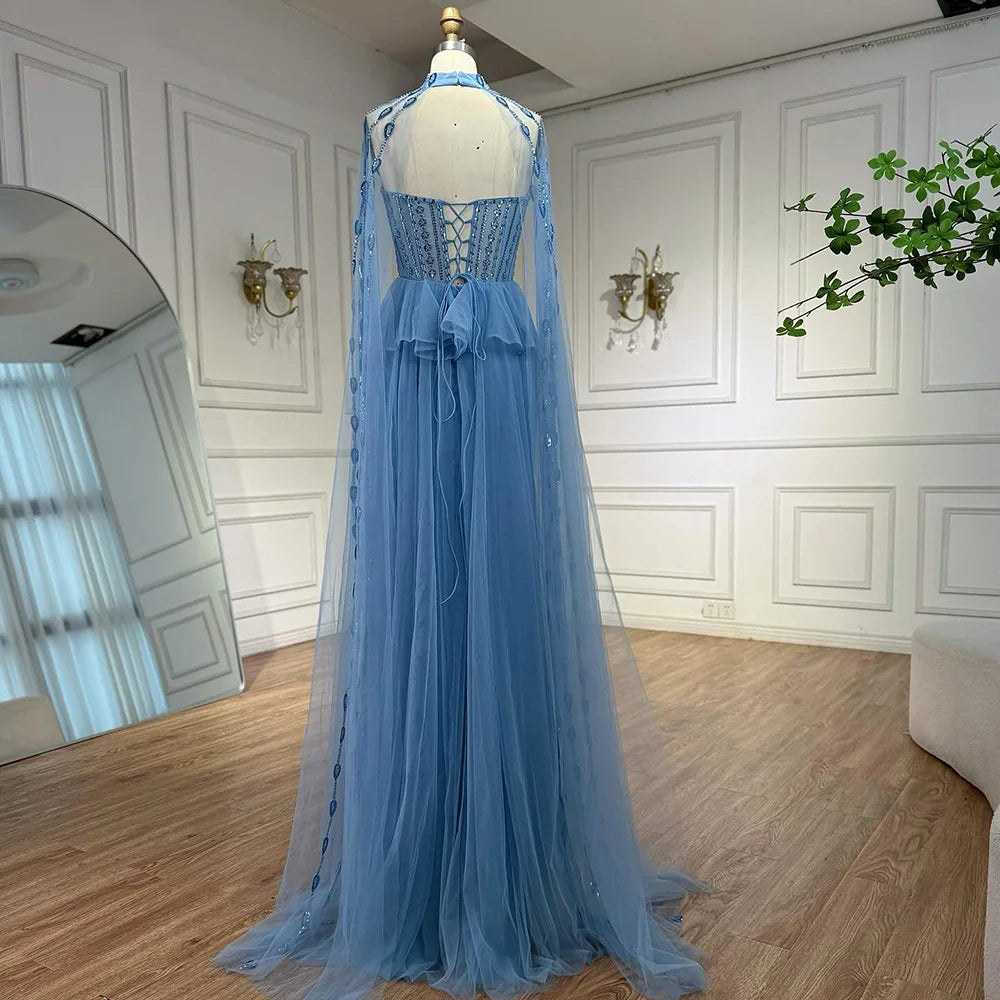 Abito da sera di lusso con paillettes blu, perline e maniche a mantello LA73108