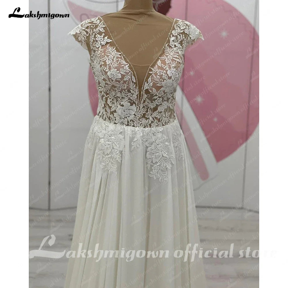 Lakshmigown Cap Sleeve Lace V Neck Backless Wedding Dress Women Elopement Beach Bohemian Bridal Gown Customized Vestido