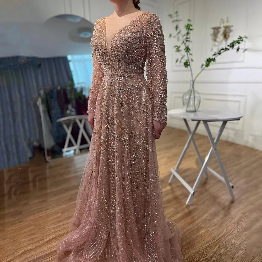 Serene Hill Ccustomized Rose Gold Long Sleeves A-Line Beaded Evening Party Gowns Mother of the Bride Dress DLA70287L
