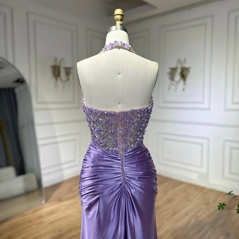 Serene Hill Customized 2025 Lilac Halter Side Slit Mermaid Evening Gown Wedding Party Bridesmaid Dress for Women DLA72668