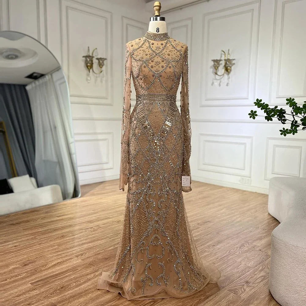 Customized Muslim Gray Mermaid Cape Sleeve Beaded Evening Dress Dubai Elegant Party Gowns for Women | Nightbubo