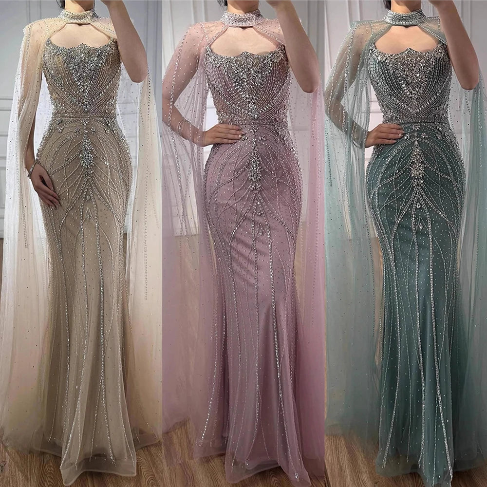 Serene Hill 2025 Pink Strapless Mermaid Beaded Evening Dress with Cape Wedding Party Gowns for Women DLA73195 Customized