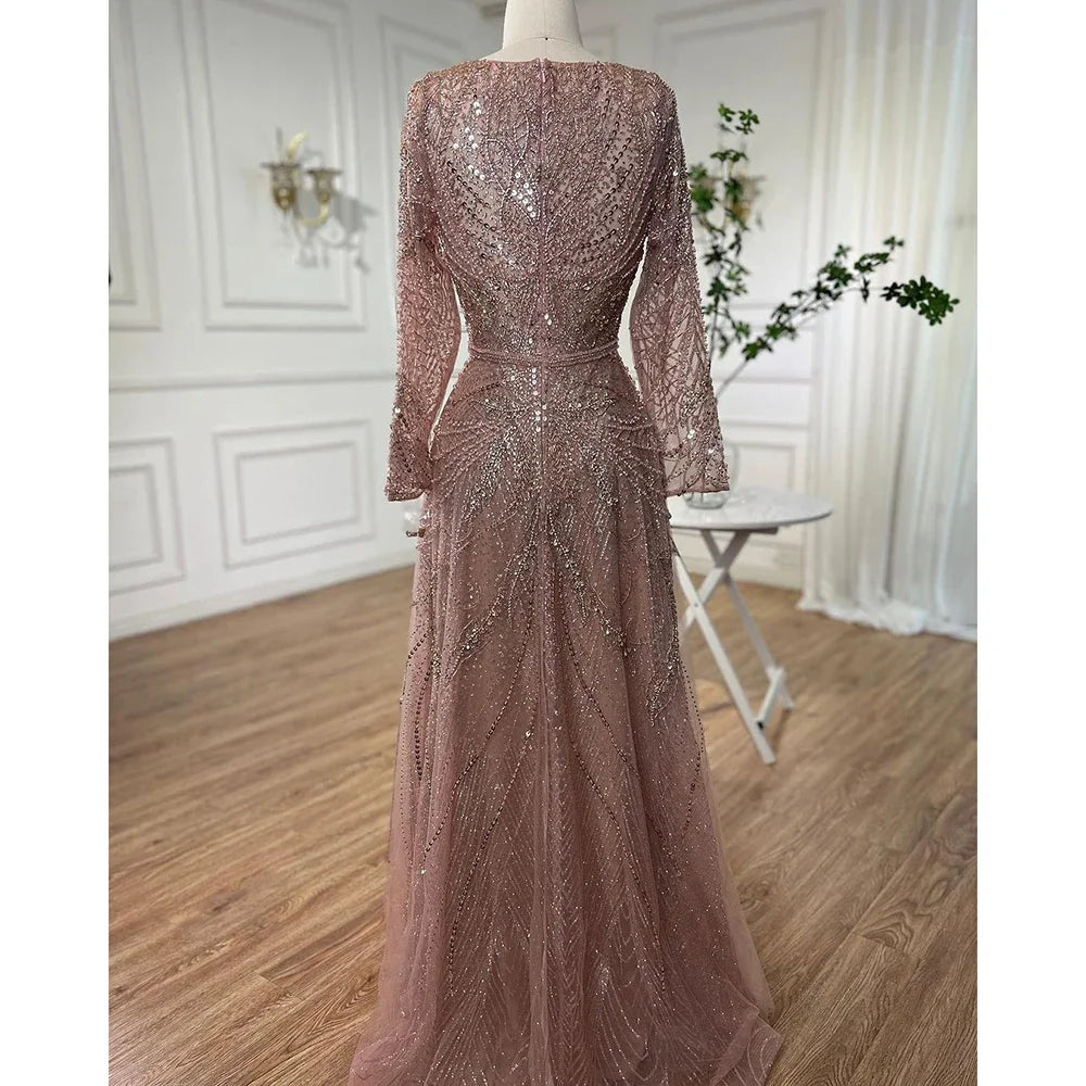Serene Hill Ccustomized Rose Gold Long Sleeves A-Line Beaded Evening Party Gowns Mother of the Bride Dress DLA70287L