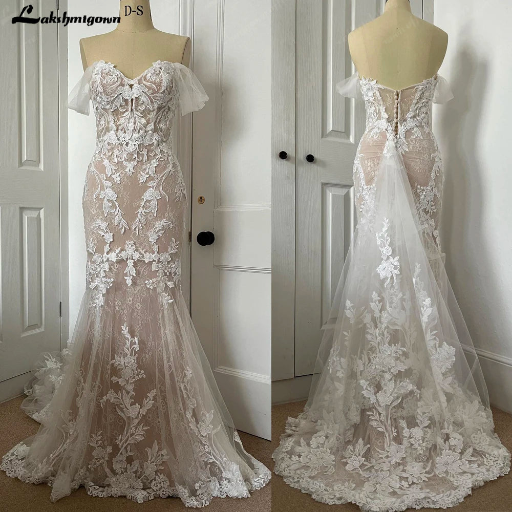 Lakshmigown Off Shoulder Lace Appliques Women Wedding Dress for Bride Customized Champagne Wedding Gown vestidos de boda novia