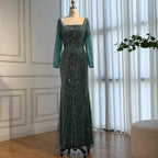Serene Hill Green Square Collar Long Sleeve Mermaid Pearls Beaded Evening Party Gown Overskirt Dress DLA72032N Customized