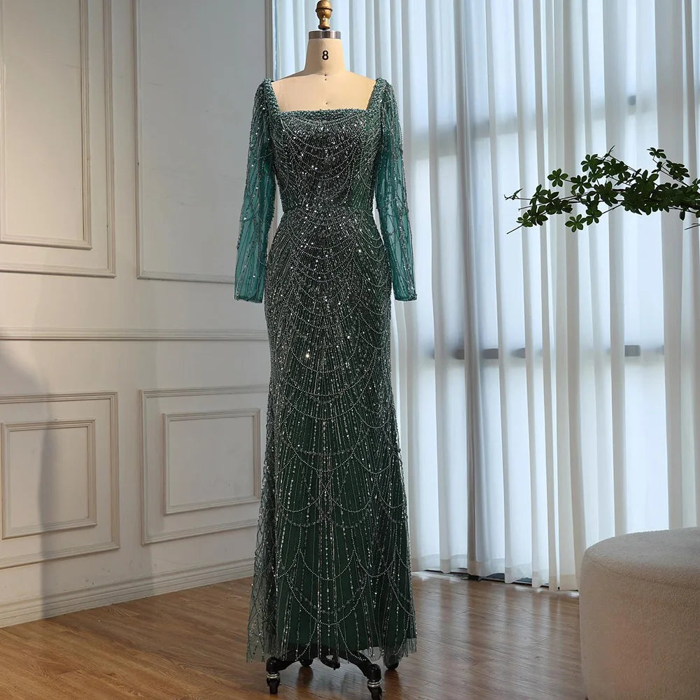 Serene Hill Green Square Collar Long Sleeve Mermaid Pearls Beaded Evening Party Gown Overskirt Dress DLA72032N Customized