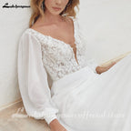 Lakshmigown Chiffon V Neck Wedding Dress Bride Applique A-Line Civil Double V-Neck Puff Sleeves Bride Gowns Customized