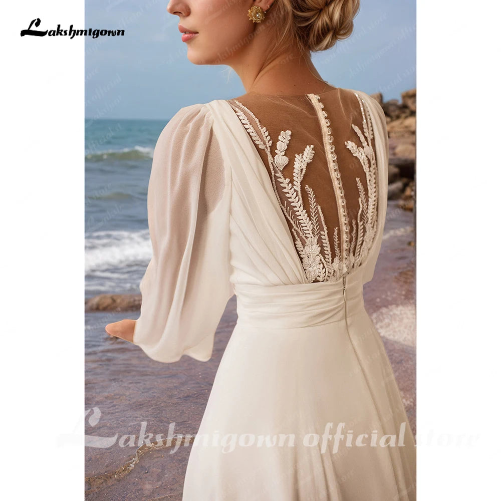Lakshmigown A-Line Wedding Dress Puff Sleeve Illusion Back Chiffon Civil Vestido De Noiva Applique For Women Customized