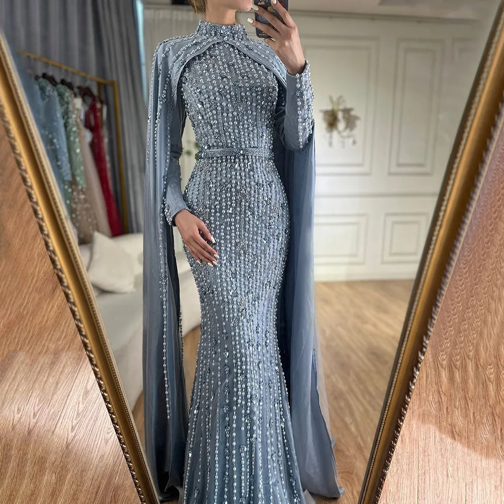 Serene Hill Pink Long Sleeves High Neck Muslim Mermaid Beaded Evening Party Gown Dress with Cape for Women DLA72533 Customized